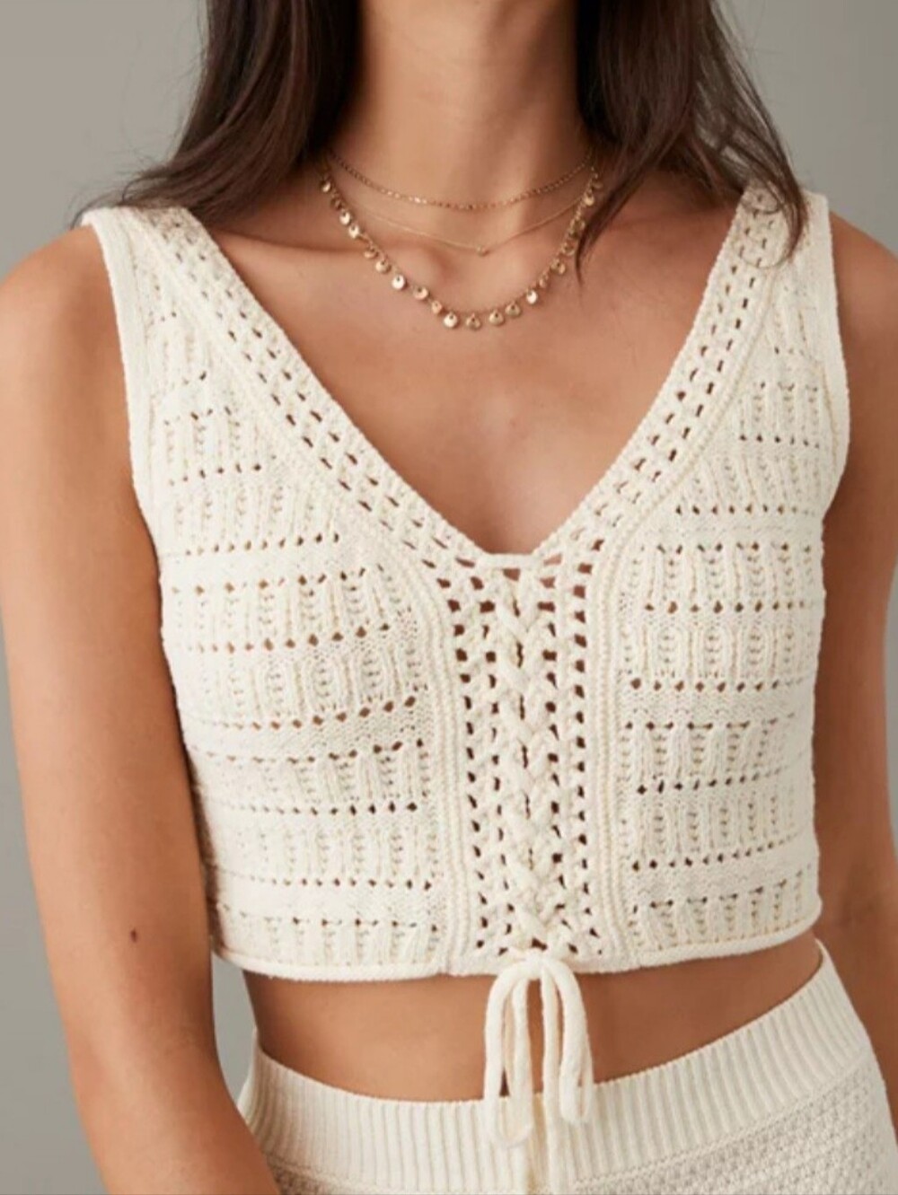 American Eagle Cottagecore Boho Ivory Crochet Cotton Lace-Up Crop Top, Size XS